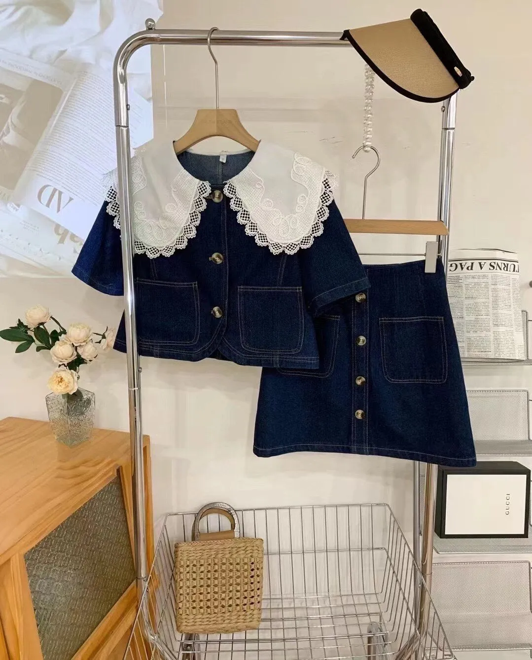 Summer Sweet Denim Suit Lace Peter Pan Collar Single Breasted Tops high Waist A-line Skirts