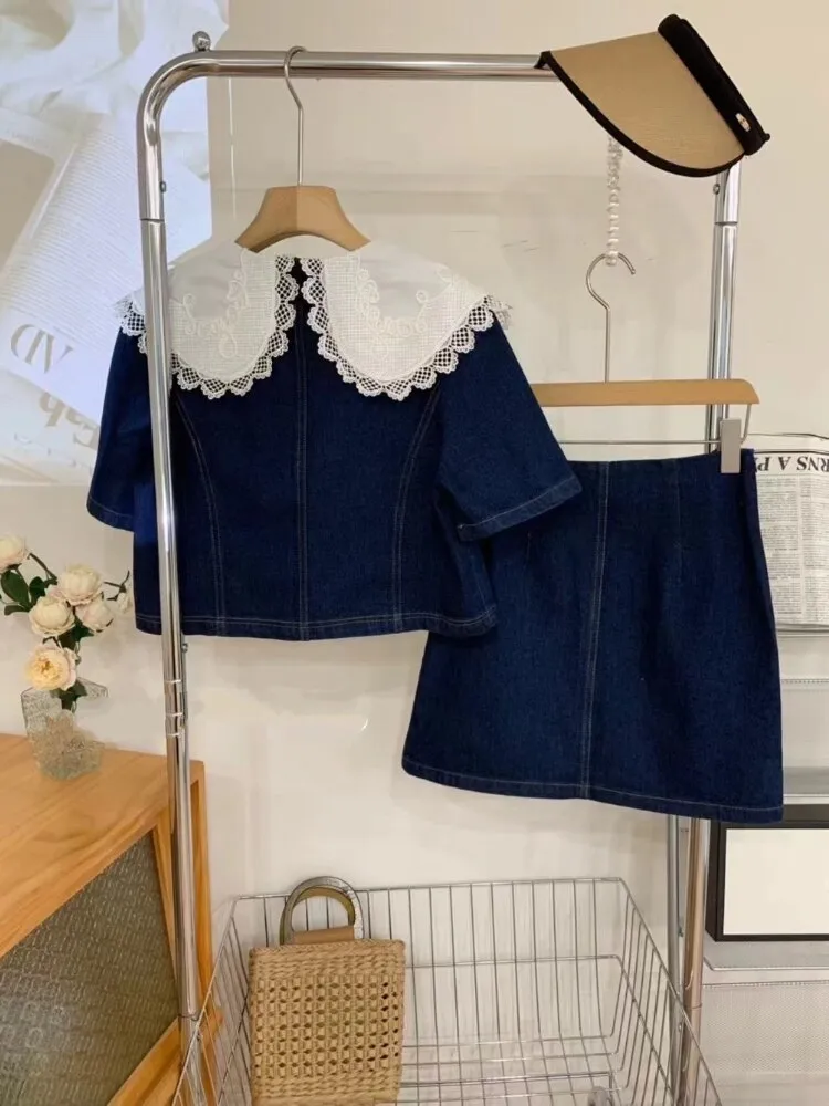 Summer Sweet Denim Suit Lace Peter Pan Collar Single Breasted Tops high Waist A-line Skirts