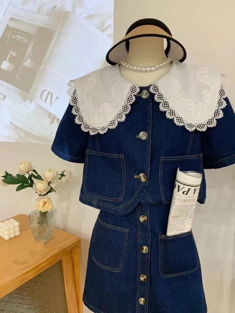 Summer Sweet Denim Suit Lace Peter Pan Collar Single Breasted Tops high Waist A-line Skirts