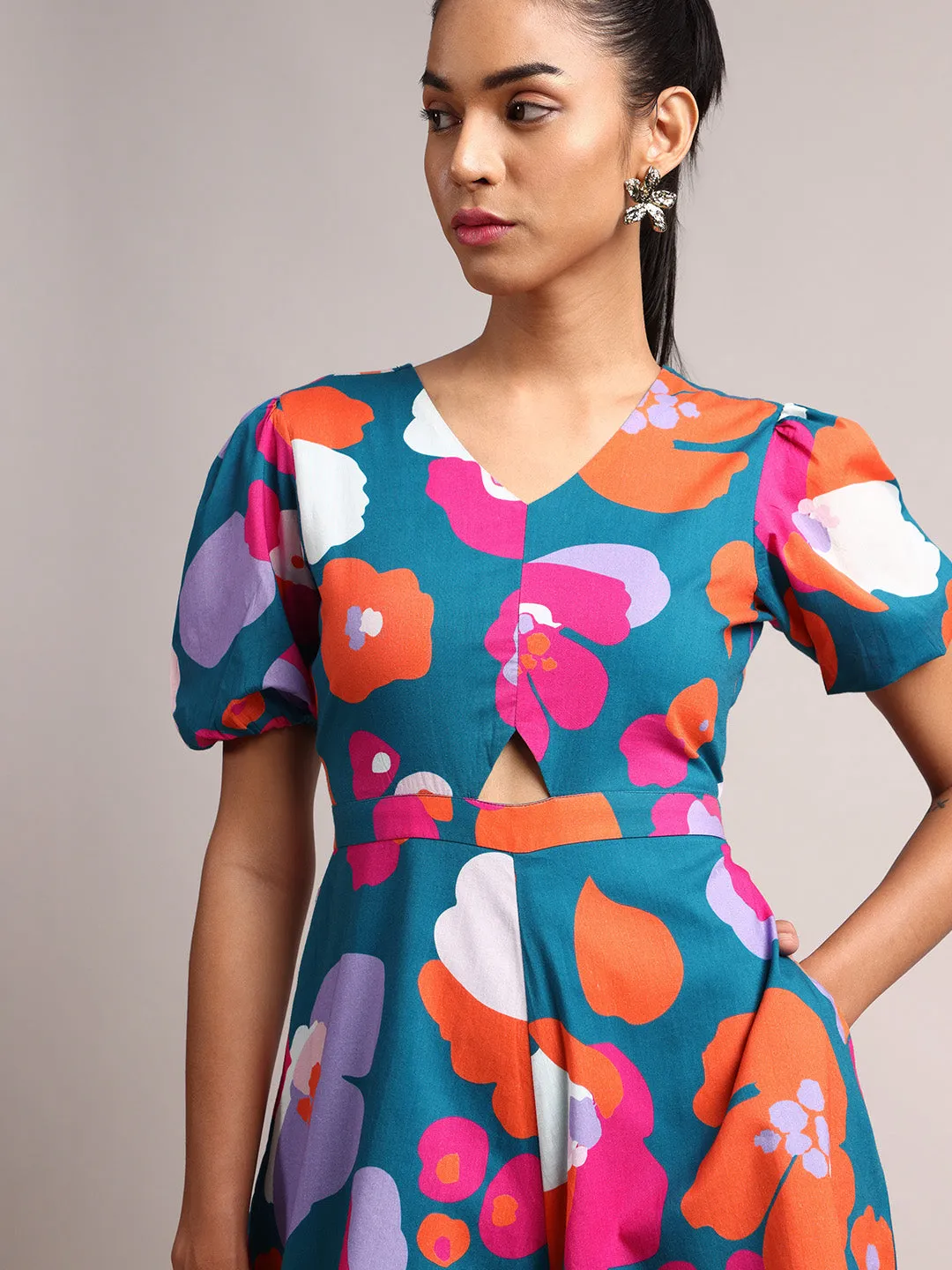 Teal Blue Pure Cotton Floral Regular Jumpsuit  - By Janasya