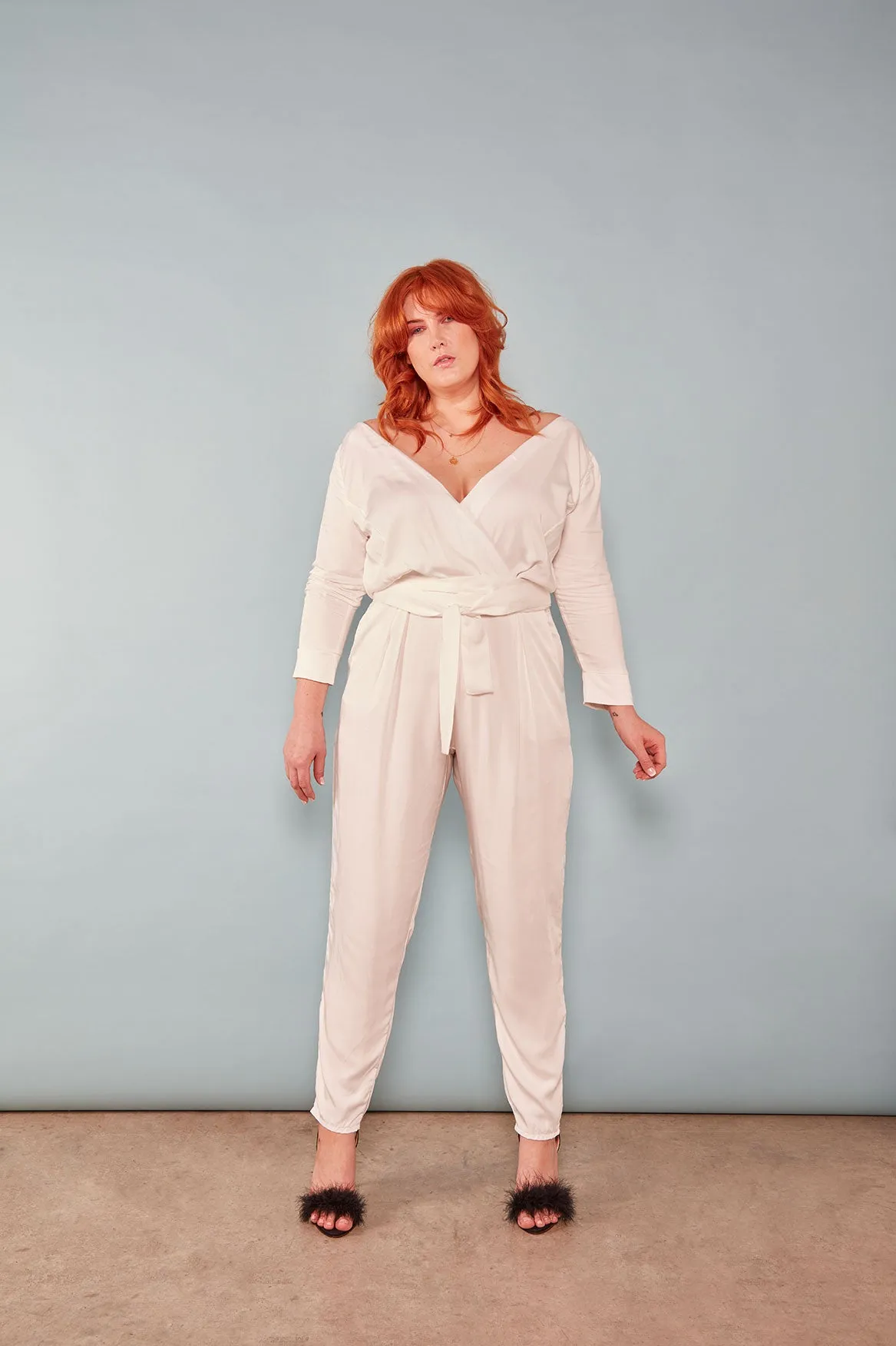 The Dan Wrap ezp® Jumpsuit Ivory Peace Silk