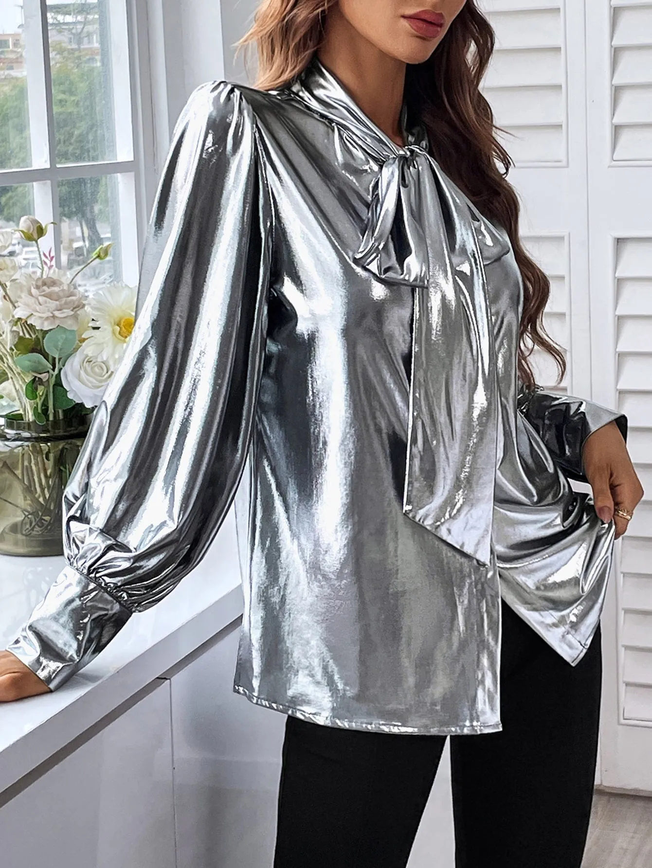 Tie Neck Bishop Sleeve Metallic Blouse
