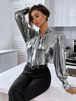 Tie Neck Bishop Sleeve Metallic Blouse