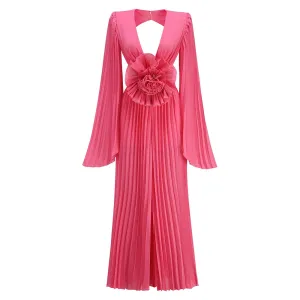 Trend4us Backless Pleated Jumpsuit with Floral Waist Accent