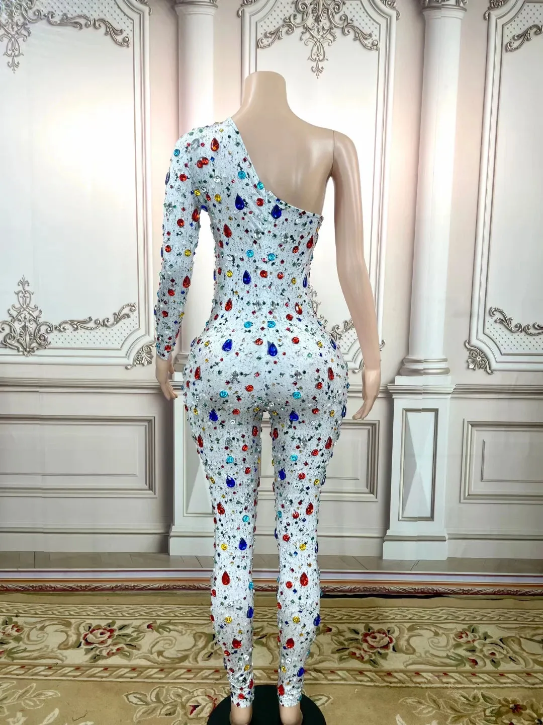 Trend4us Glamorous One-Shoulder Crystal-Embellished Jumpsuit