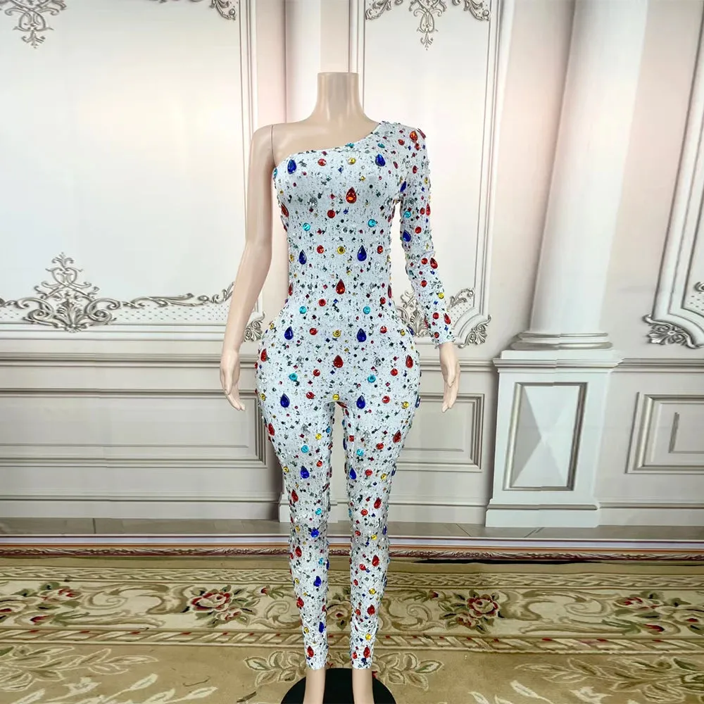 Trend4us Glamorous One-Shoulder Crystal-Embellished Jumpsuit