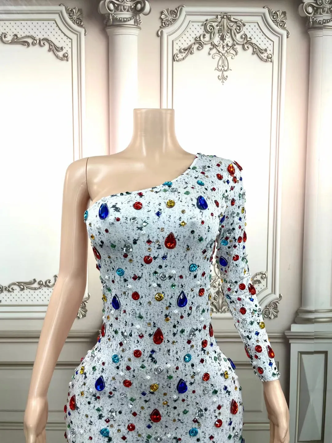 Trend4us Glamorous One-Shoulder Crystal-Embellished Jumpsuit