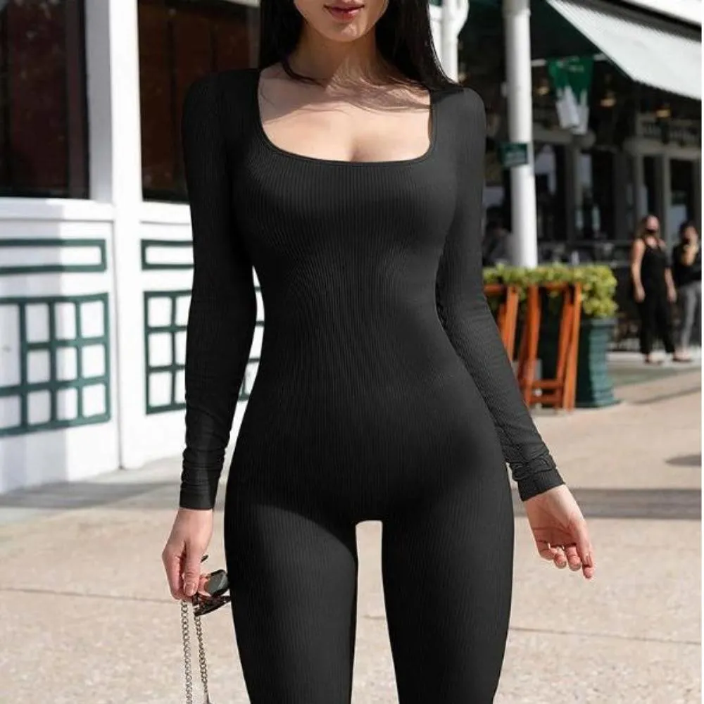 Trend4us Women's Ribbed Long Sleeve Square Neck Jumpsuit