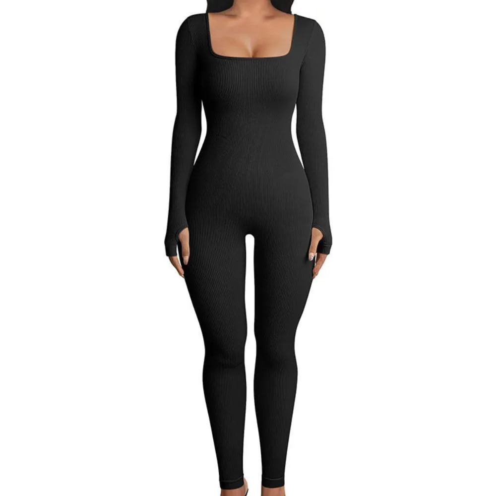 Trend4us Women's Ribbed Long Sleeve Square Neck Jumpsuit