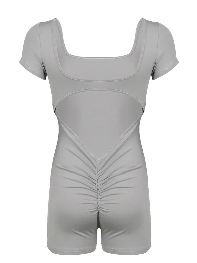 Trendy One piece Backless Yoga Workout Shorts Bodysuit