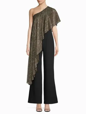 TRINA TURK EASTERN LUXE KOI METALLIC ONE SHOULDER GOLD/BLACK JUMPSUIT SIZE 4