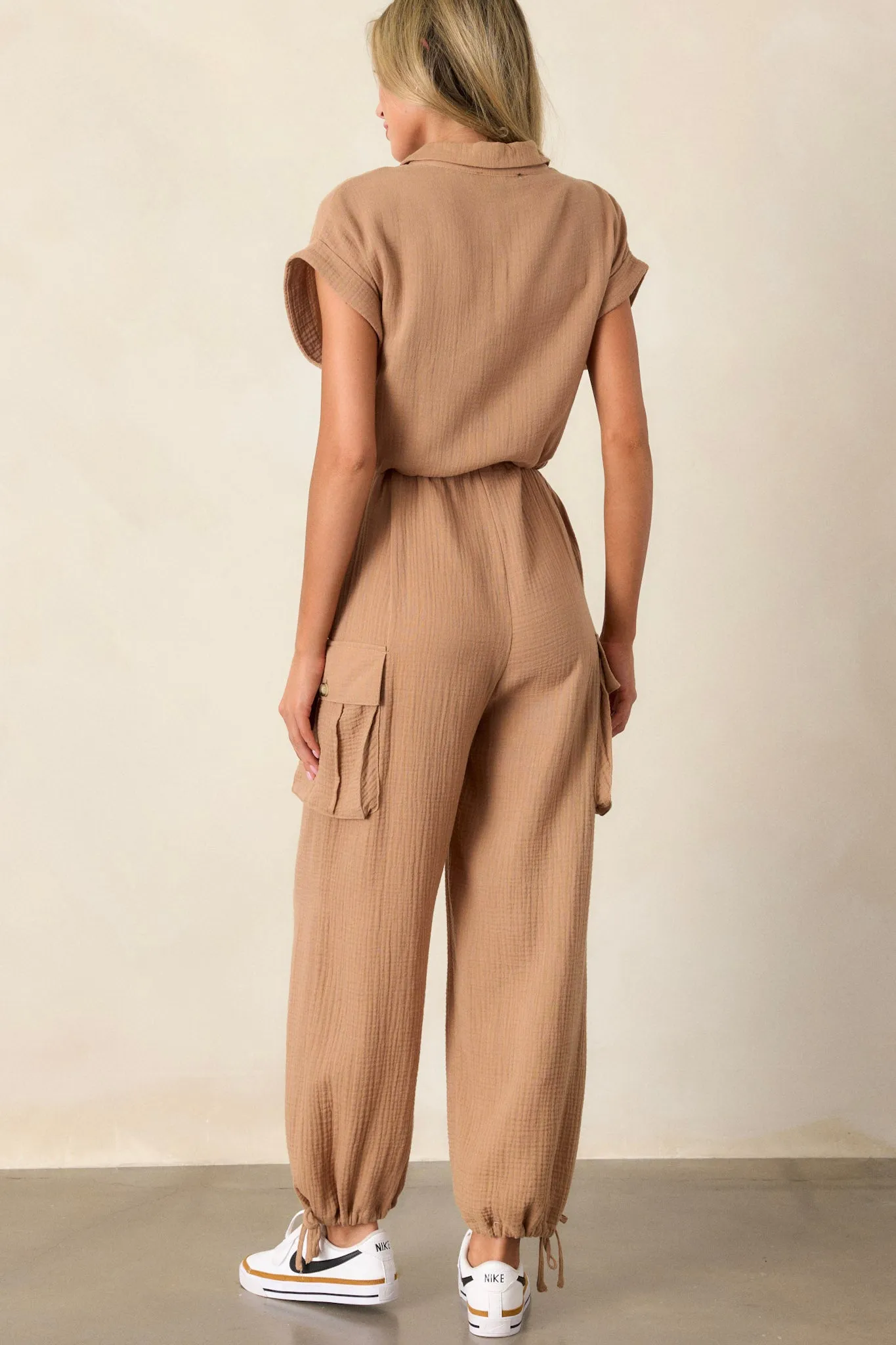 Twist On Timeless Cotton Camel Brown Gauze Jumpsuit