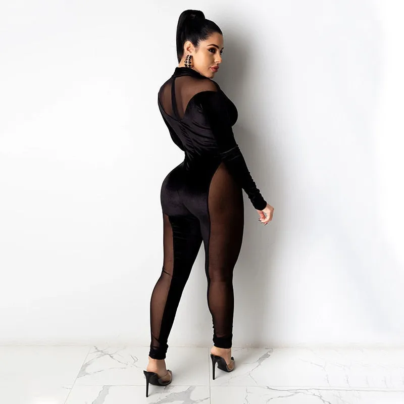 Velvet Mesh Pattern Jumpsuits
