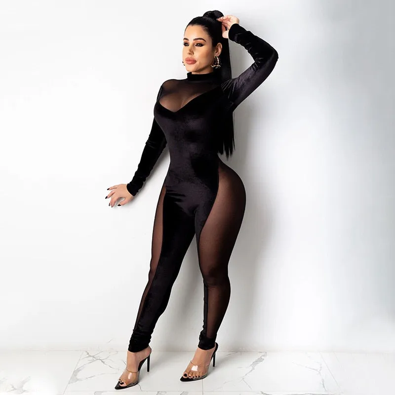 Velvet Mesh Pattern Jumpsuits