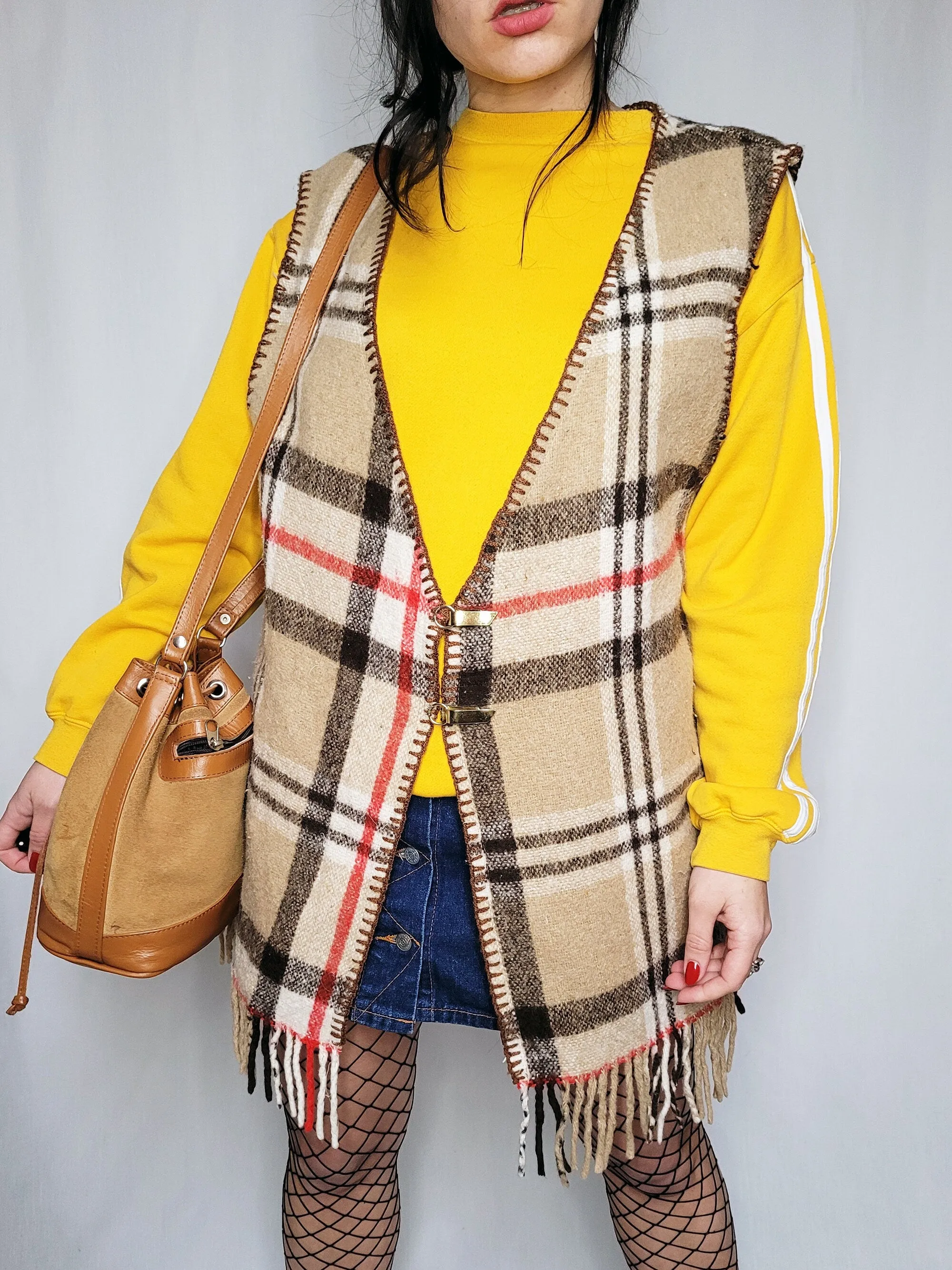 Vintage 70s handmade brown tartan plaid vest gilet top