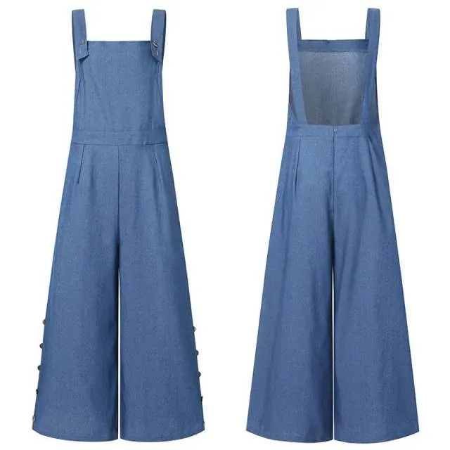 Vintage Pockets Buttons Wide Leg Pants Female Jumpsuit