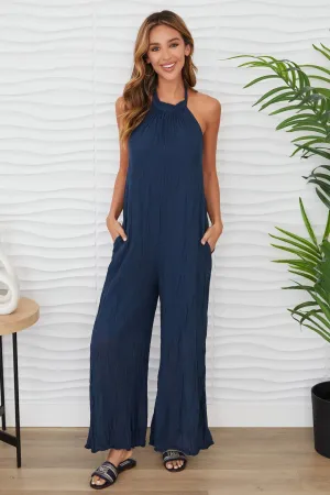 WIDE LEG CRINKLE HALTER JUMPSUIT