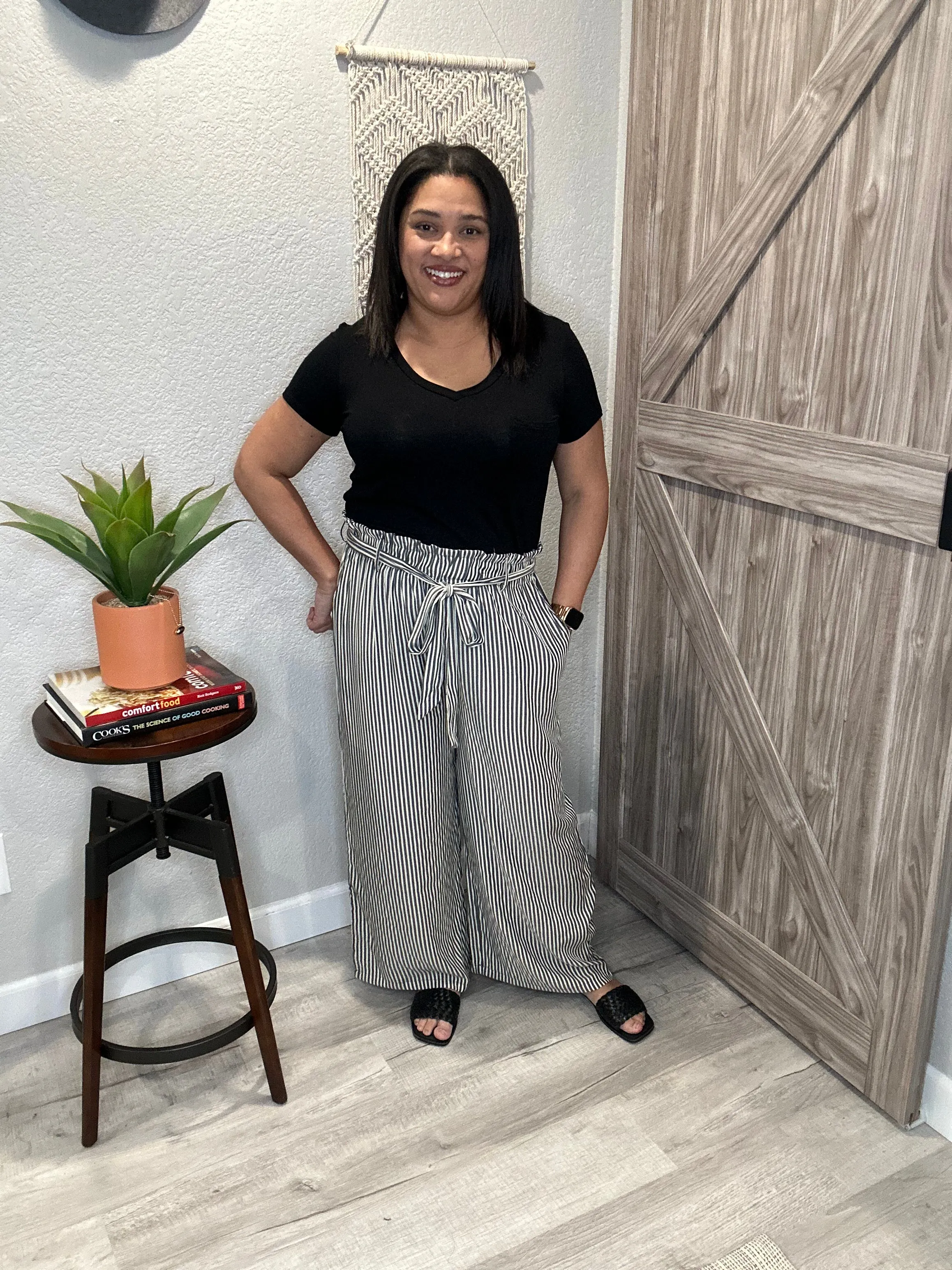 Wide Leg Hi Rise Striped Lightweight Woven Pants