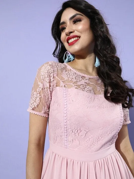 Women Pretty Pink Solid Lacework Jumpsuit