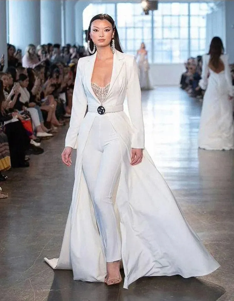 Women sexy V-Neck long sleeve evening  elegant suspender split dress  White pants jumpsuit