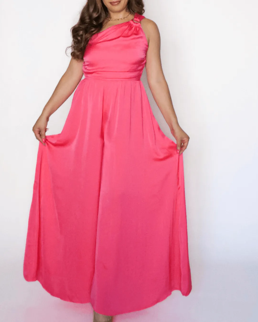 Women’s Fuchsia One Shoulder Buckle Trim Jumpsuit