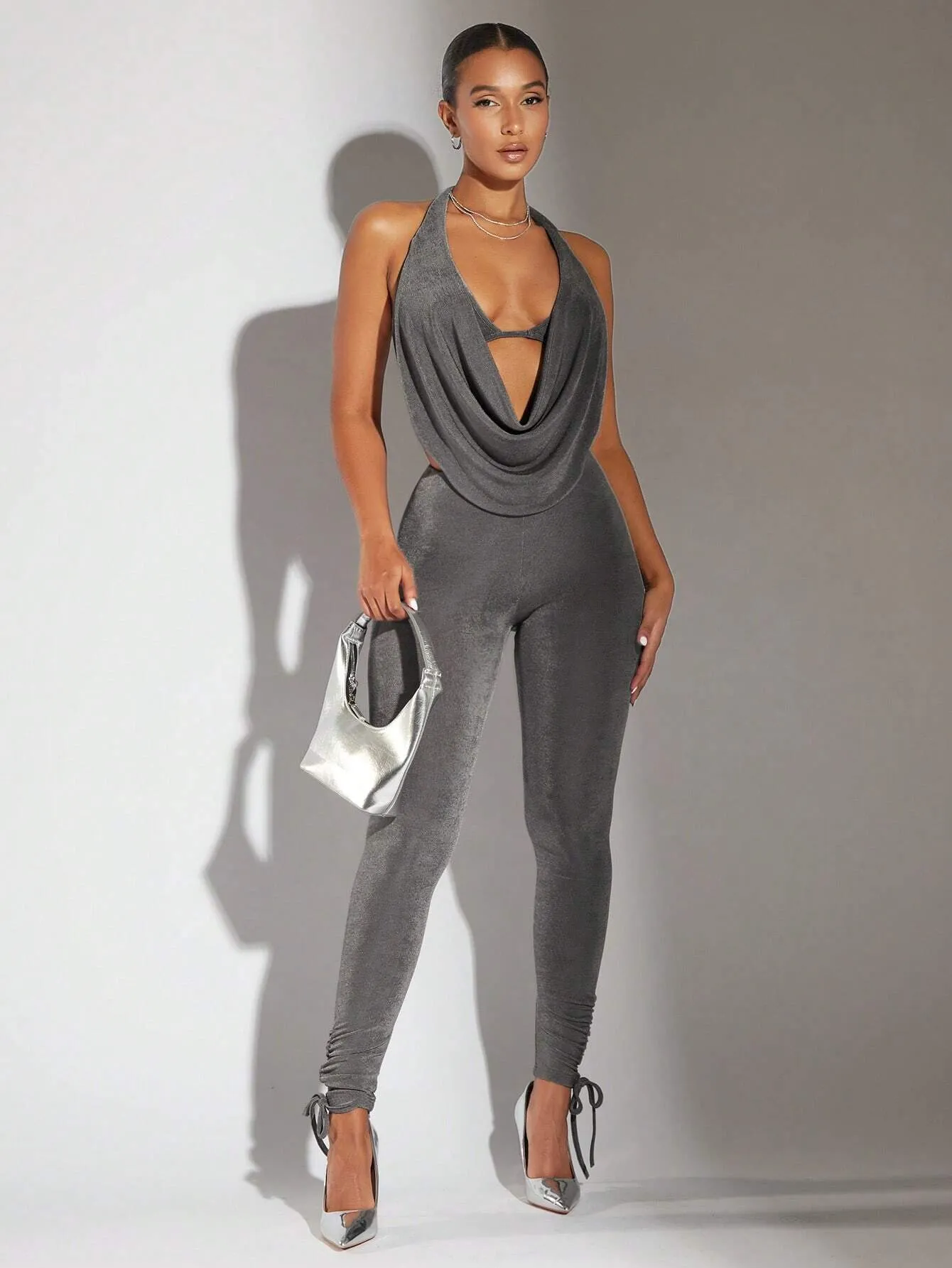 Women's Halter Neck Backless Jumpsuit With Drape Neck