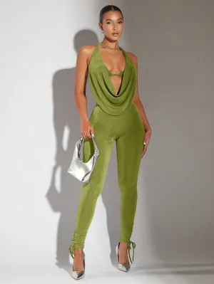 Women's Halter Neck Backless Jumpsuit With Drape Neck
