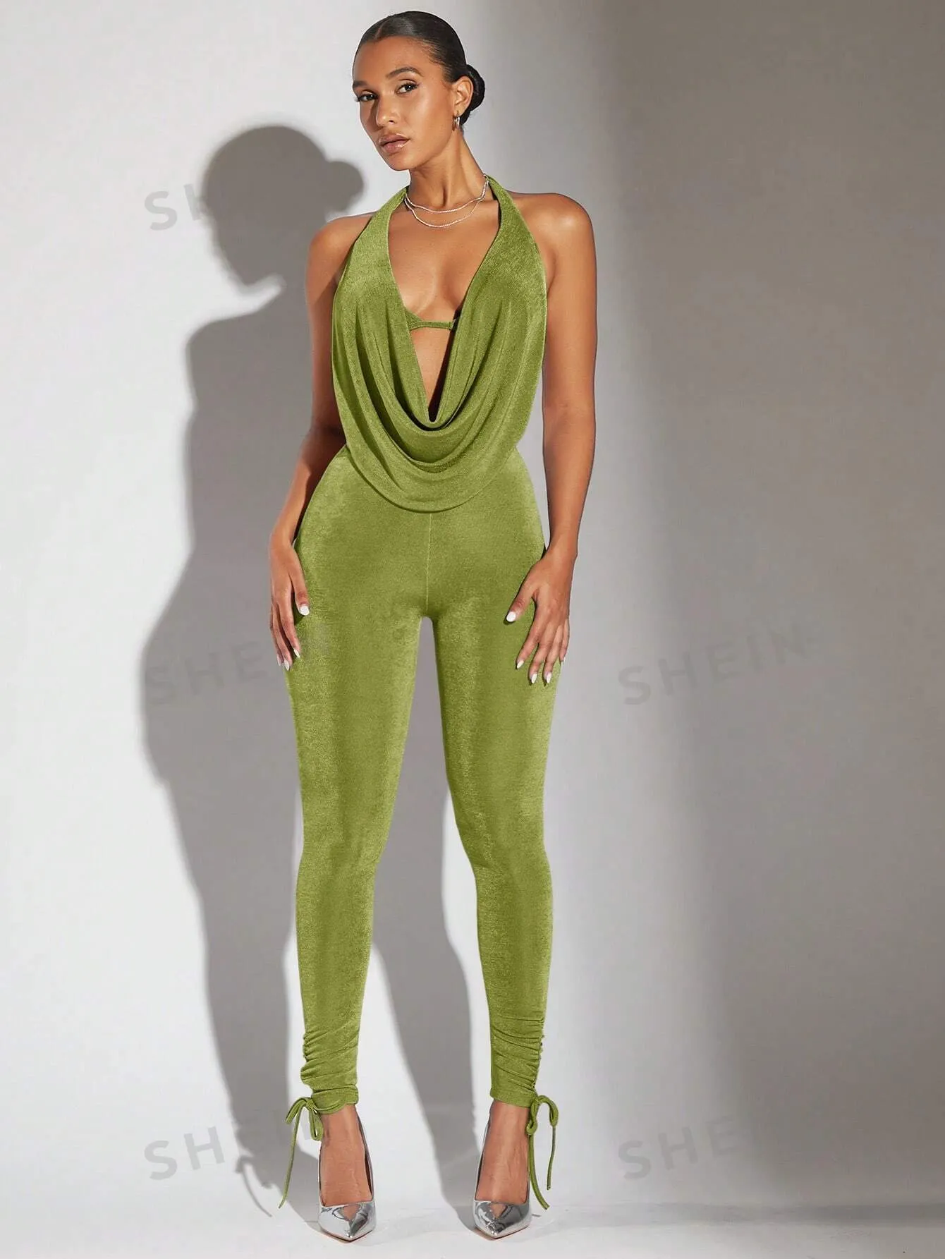Women's Halter Neck Backless Jumpsuit With Drape Neck