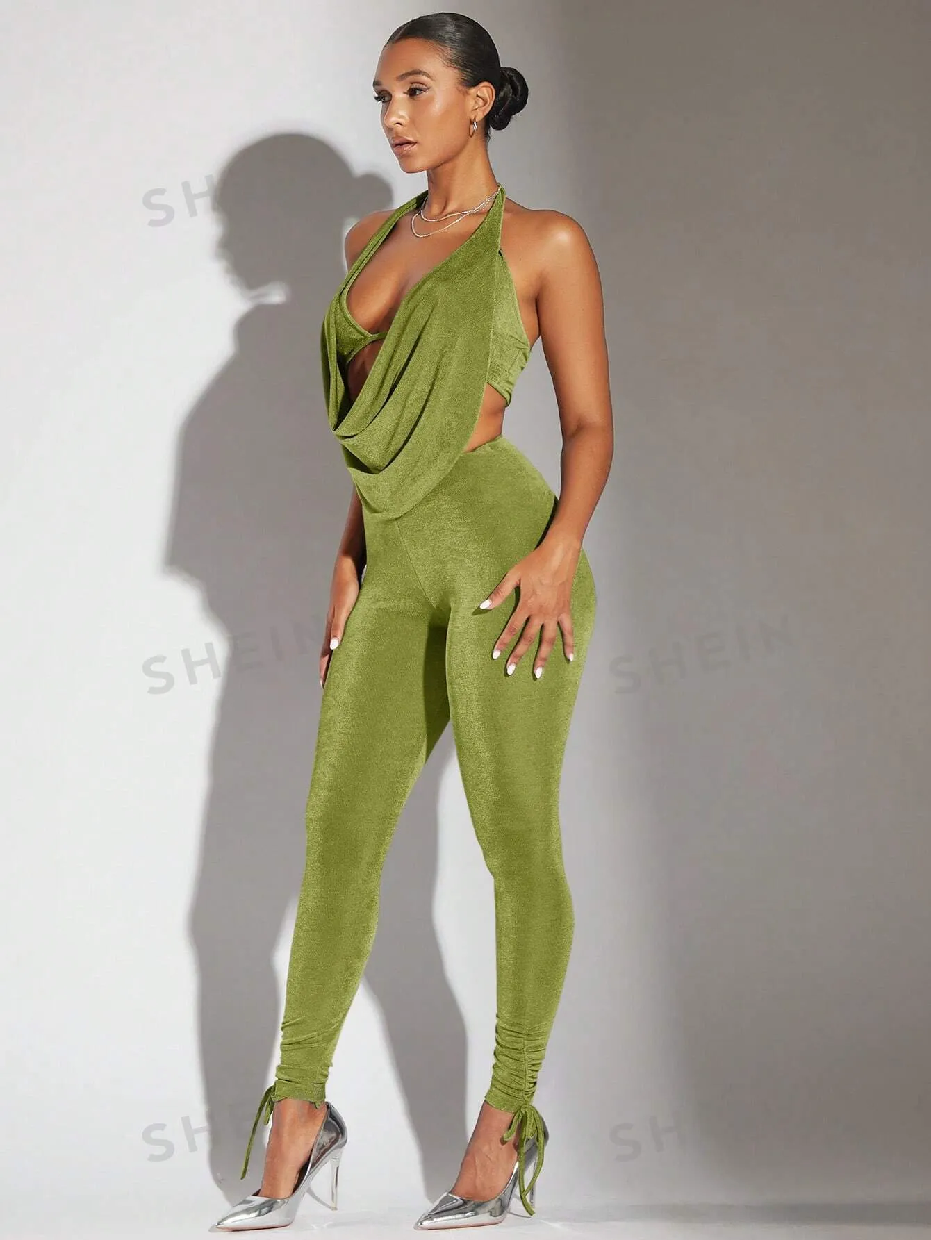 Women's Halter Neck Backless Jumpsuit With Drape Neck