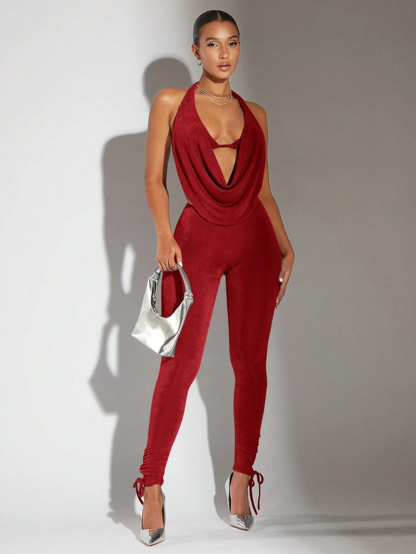 Women's Halter Neck Backless Jumpsuit With Drape Neck