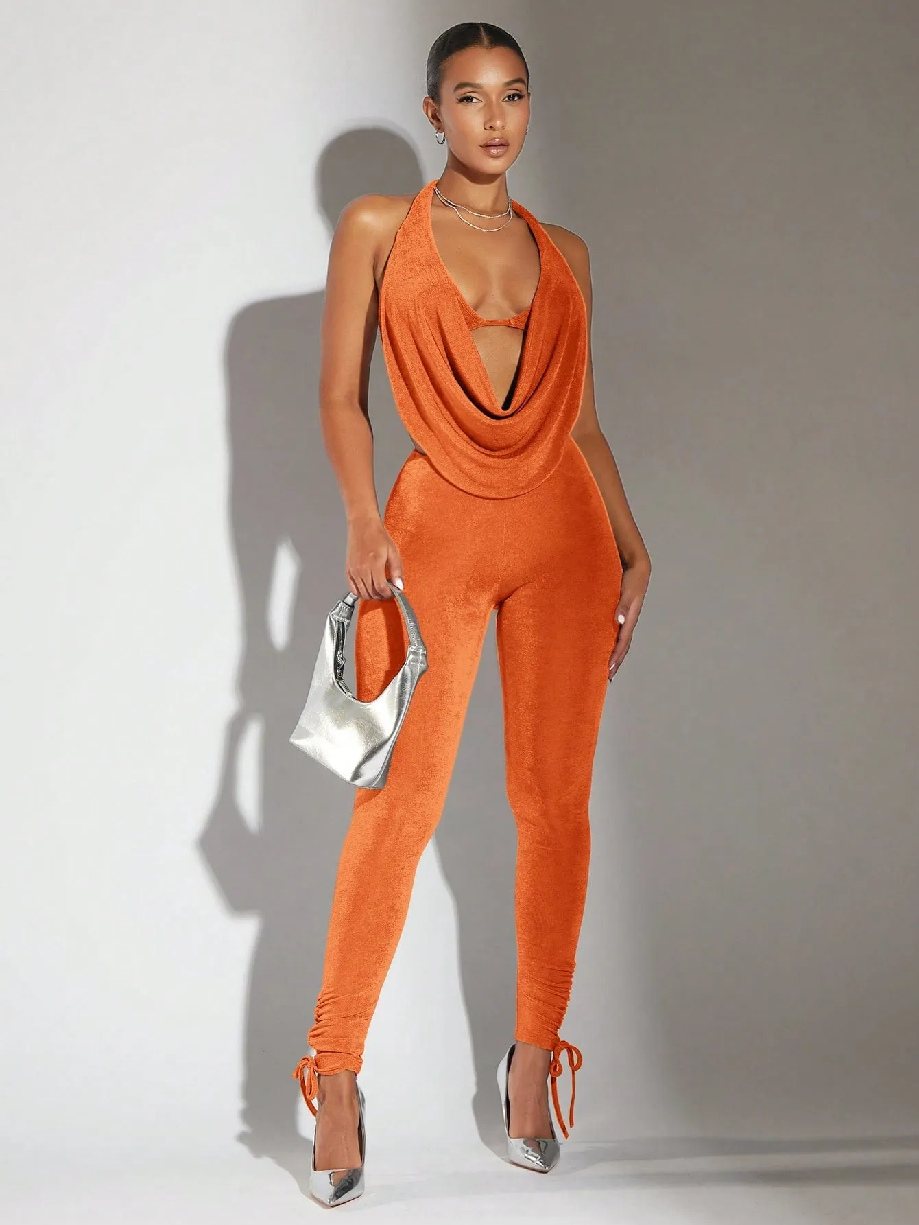 Women's Halter Neck Backless Jumpsuit With Drape Neck