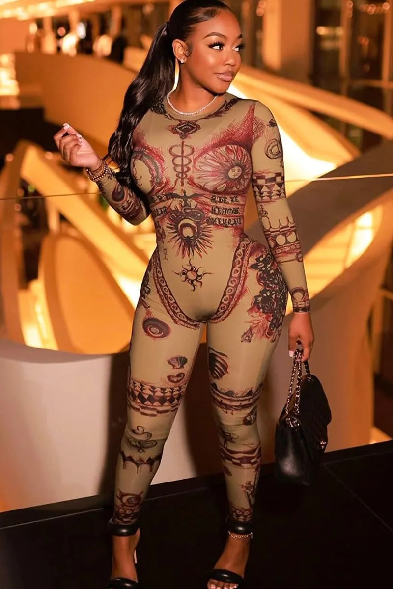 Women's Long Sleeve Skinny Brown Jumpsuit