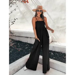 Women's Loose Wide-Leg Sleeveless Jumpsuit with Smoke Upper and Pockets | Ideal for Spring/Summer