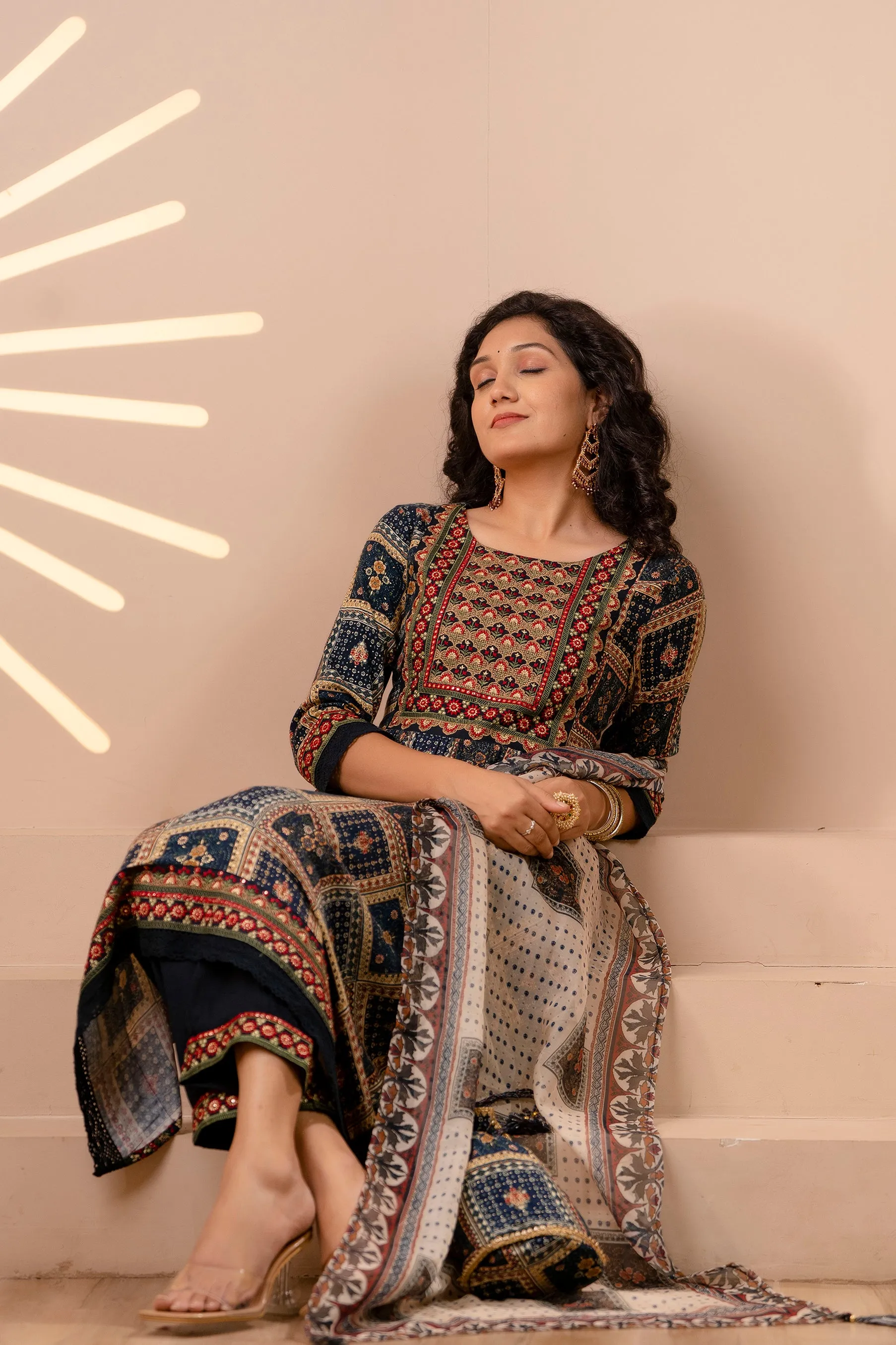 Women's Rayon Teal Nyara Cut A-line Kurta, Pant and Dupatta With Fancy Potli Set