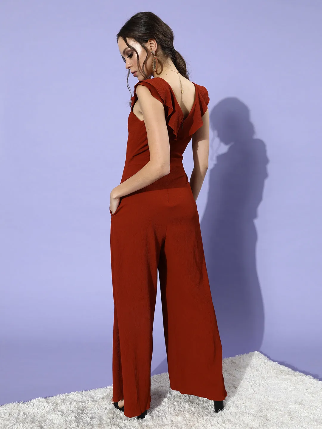 Women's Rust V-Neck Sleeveless Solid Wide-Leg Regular Jumpsuit