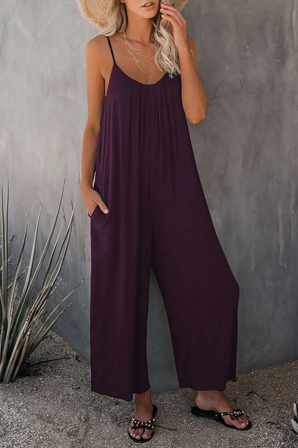 Women's Sling Summer Solid Sleeveless Color Pocket Casual Jumpsuit