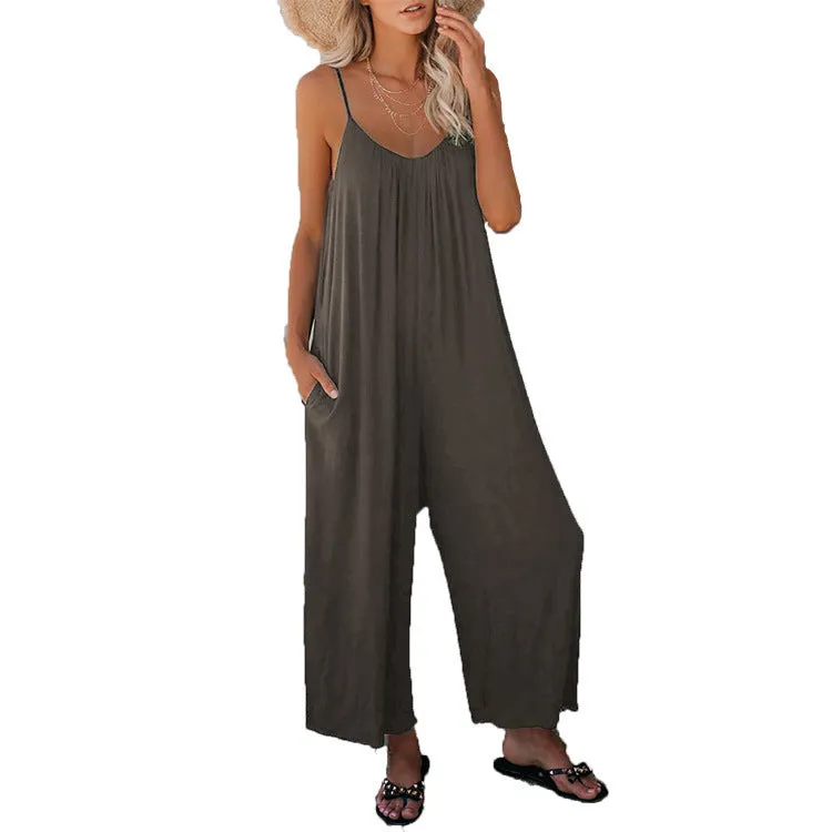 Women's Sling Summer Solid Sleeveless Color Pocket Casual Jumpsuit