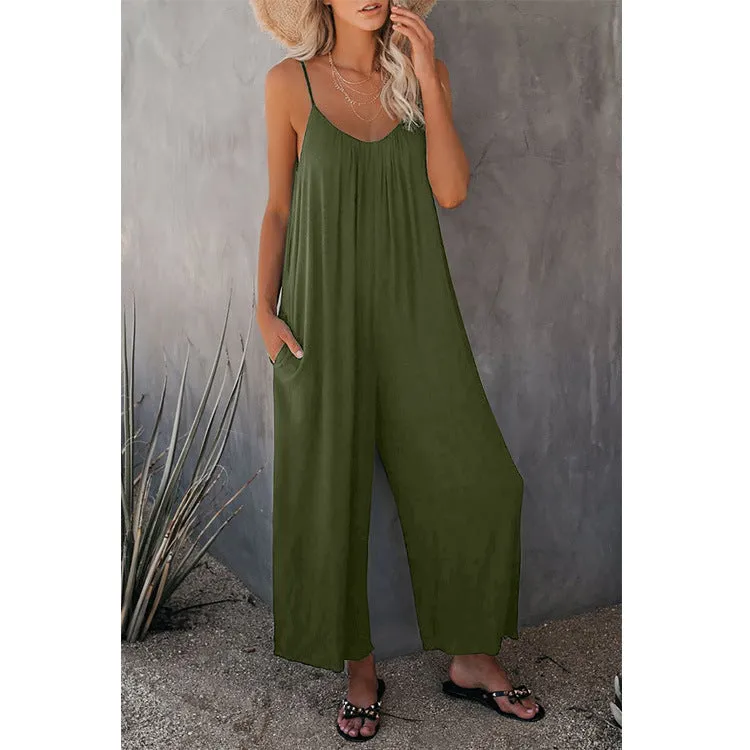 Women's Sling Summer Solid Sleeveless Color Pocket Casual Jumpsuit
