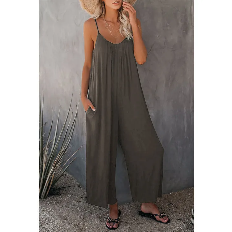 Women's Sling Summer Solid Sleeveless Color Pocket Casual Jumpsuit