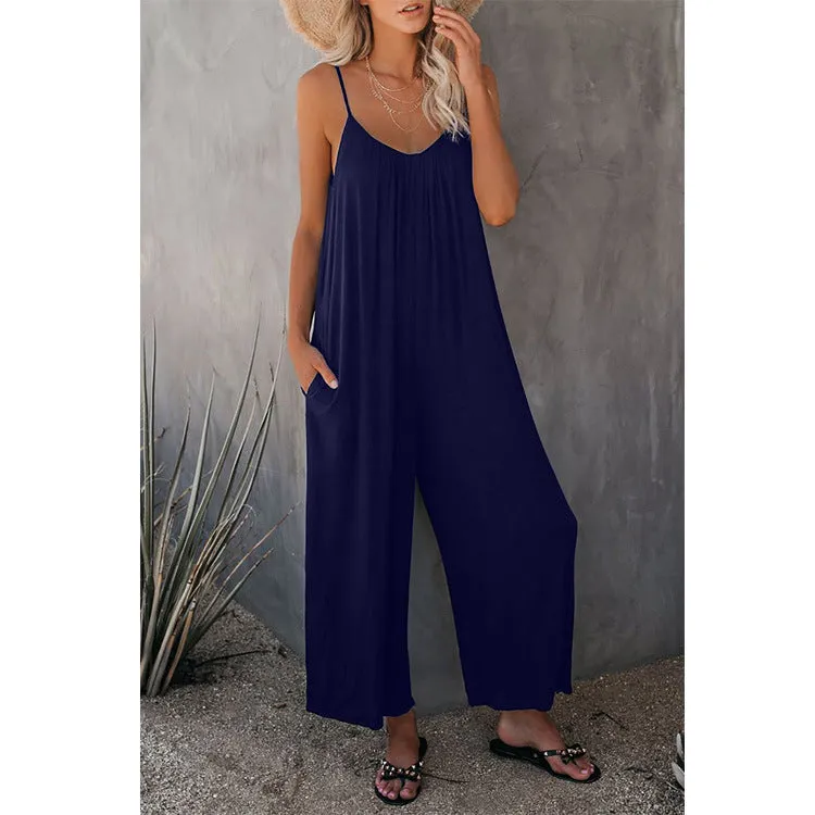 Women's Sling Summer Solid Sleeveless Color Pocket Casual Jumpsuit