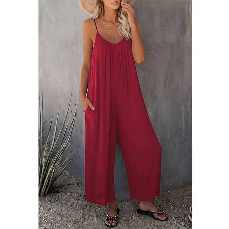 Women's Sling Summer Solid Sleeveless Color Pocket Casual Jumpsuit