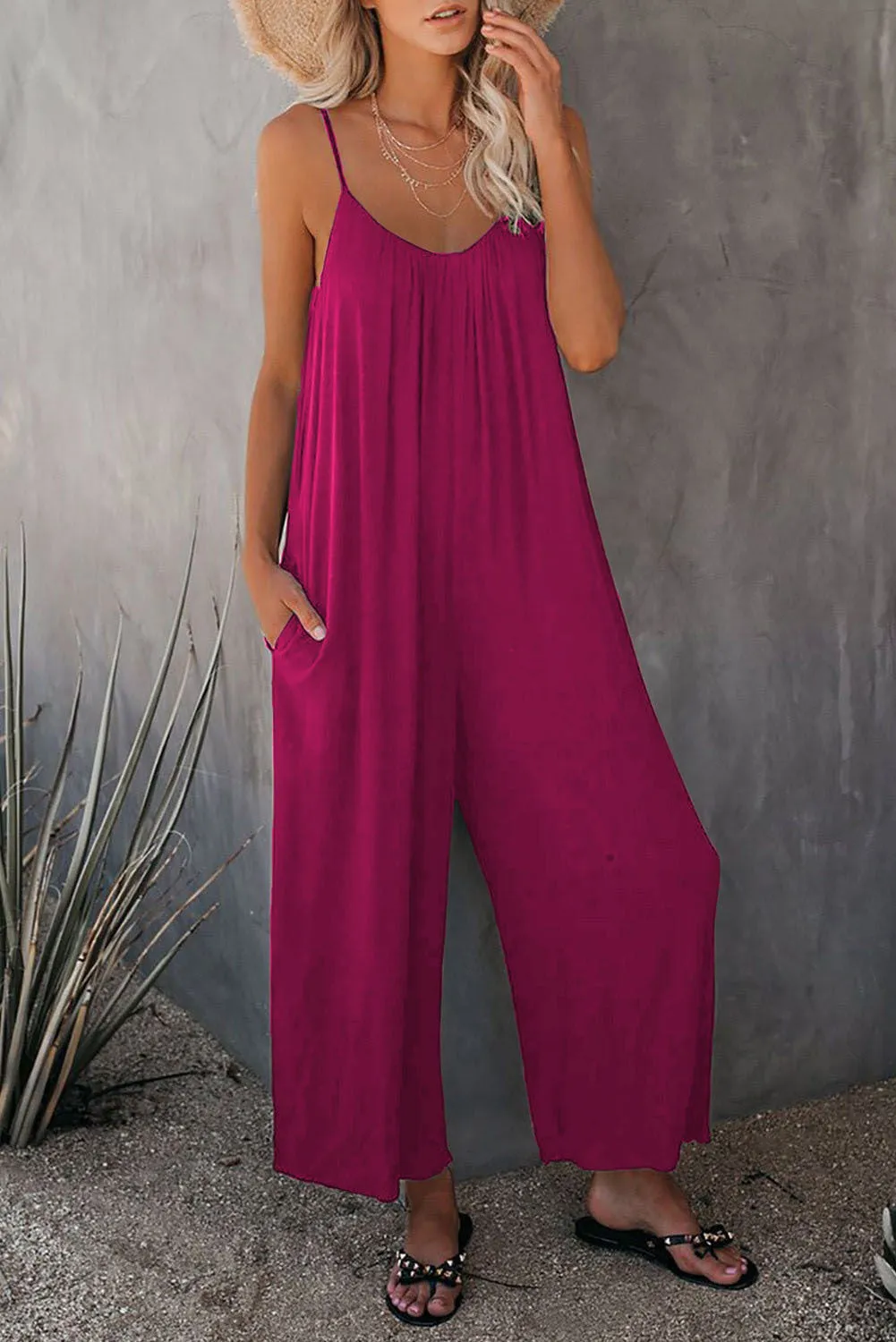 Women's Sling Summer Solid Sleeveless Color Pocket Casual Jumpsuit