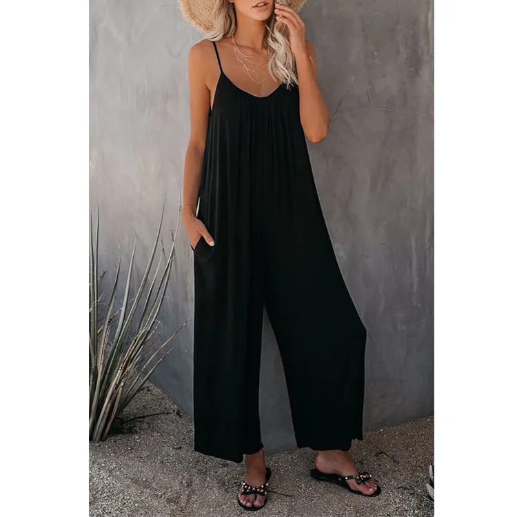 Women's Sling Summer Solid Sleeveless Color Pocket Casual Jumpsuit