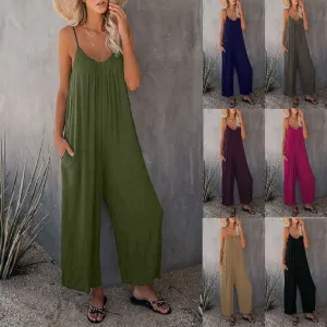 Women's Sling Summer Solid Sleeveless Color Pocket Casual Jumpsuit