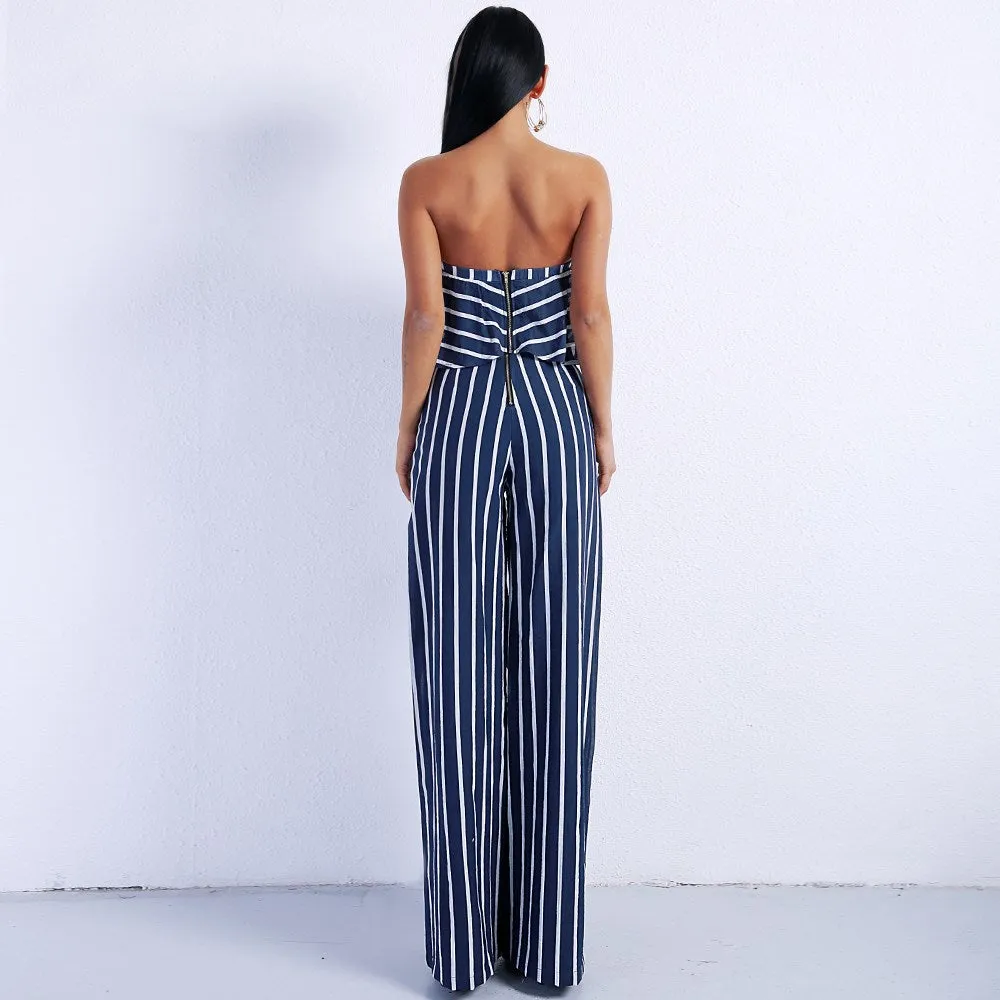 Women's two-piece striped tube top   straight pants suit