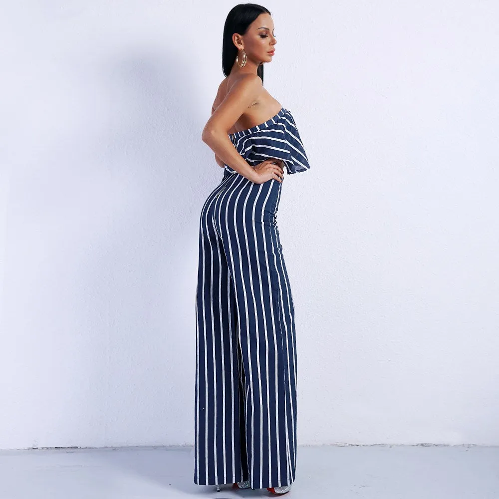 Women's two-piece striped tube top   straight pants suit