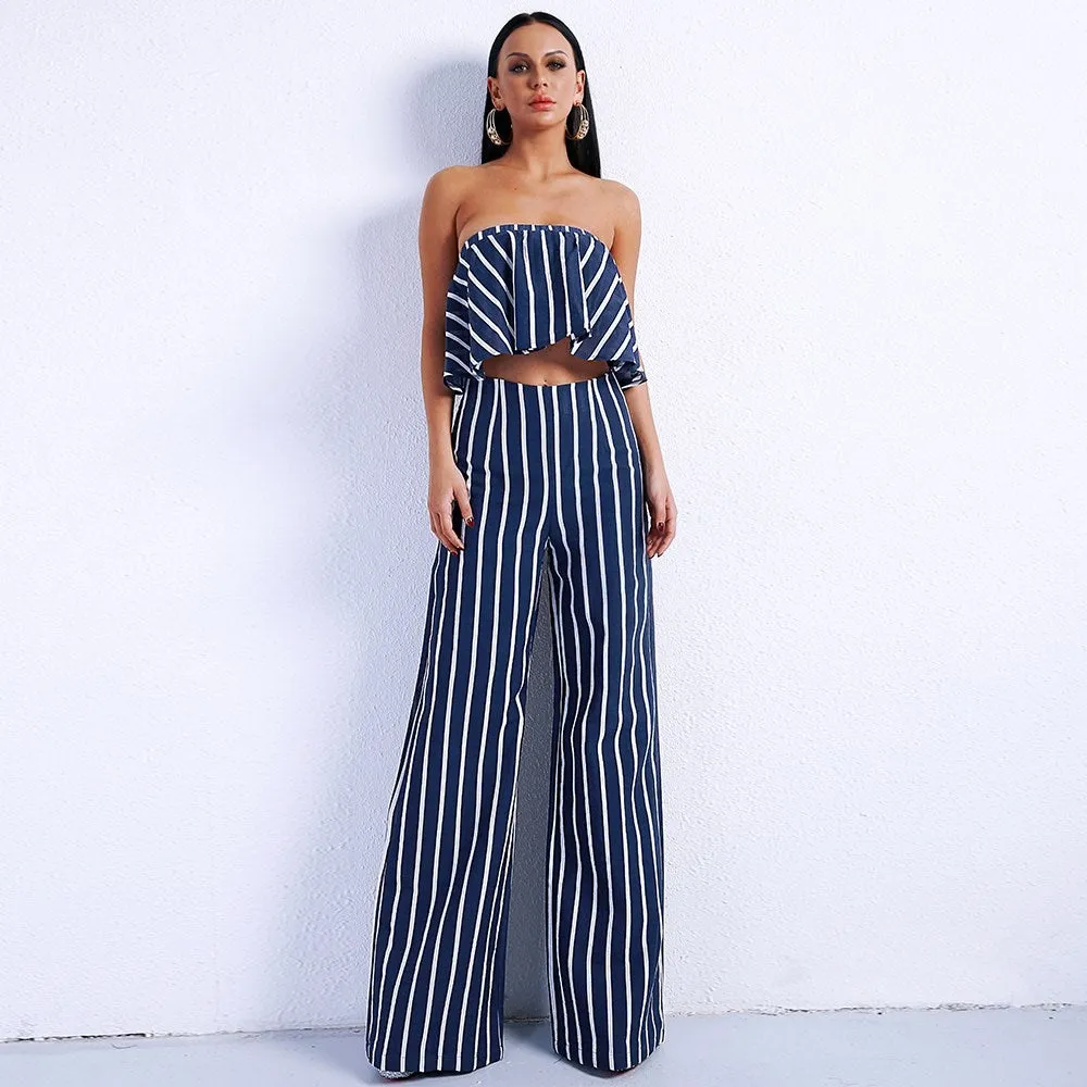 Women's two-piece striped tube top   straight pants suit