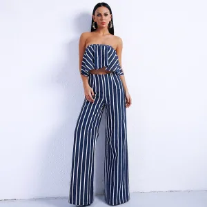 Women's two-piece striped tube top   straight pants suit