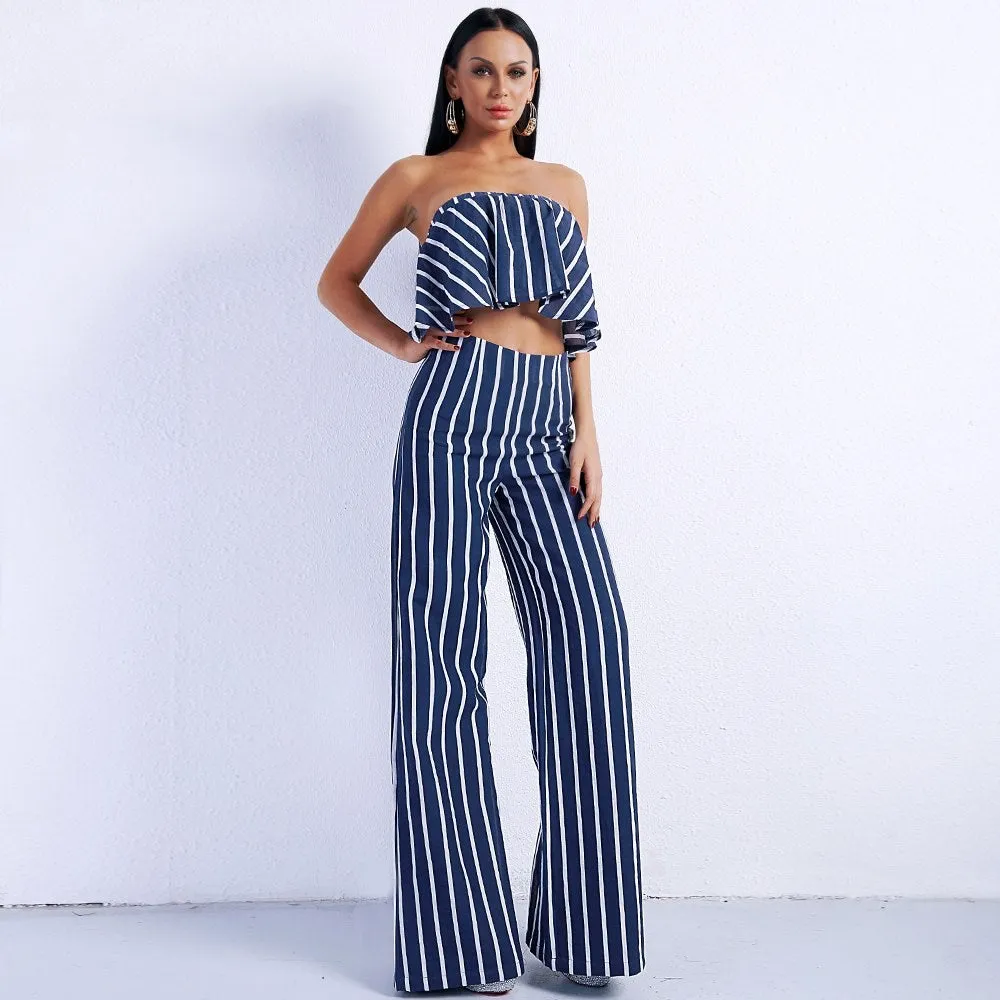Women's two-piece striped tube top   straight pants suit