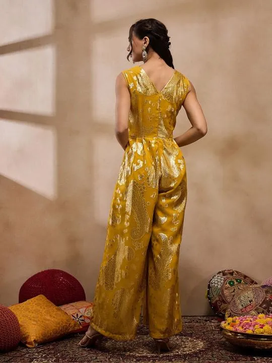 Yellow Overlap Neck Mirror Work Jumpsuit